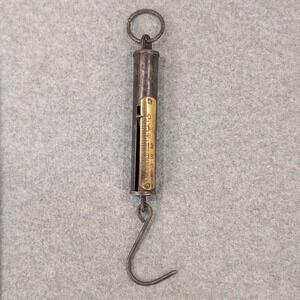 Antique Brass & Iron Hanging Spring Scale w/‎ Hook Ring – c.1890s Farm Tool